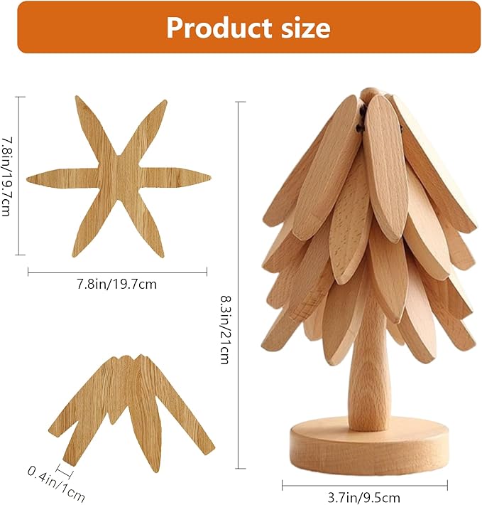Wooden Trivets for Hot Dishes, Tree Shape Trivet Set, for Hot Dishes, Pot, Bowl, Teapot, 5 Wooden Trivets+1 Stand, Like a Christmas Tree, Natural Foldable Kitchen Wooden Trivet (Wood Color)