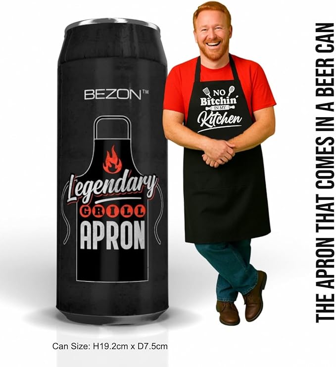 BEZON Funny Grill Apron for Men – Beer Can Gift Packaging – Hilarious BBQ Gift for Dad, Husband, or Friend – Heavy-Duty Water-Resistant Canvas – No Bitchin’ in My Kitchen!