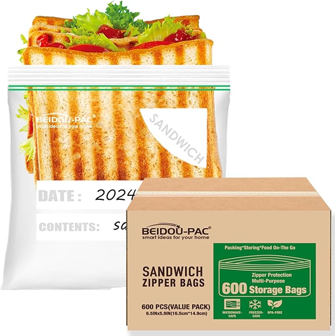 Sandwich Storage Zip Bags for Food On the Go, 600 Count | Double Zipper | 6.5" * 5.9", Freshness Easy Open Reclosable Clear Plastic Bags
