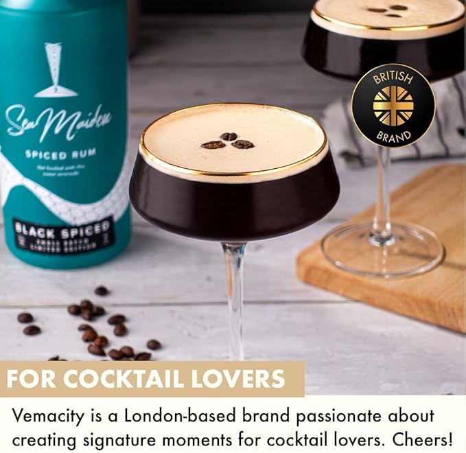 VEMACITY - Deluxe Espresso Martini Glasses Set of 4 | 10oz Coupe Glasses with Gold Rims for Champagne, Cosmopolitans - Includes Gold Jigger, Bar Spoon & eBook - | Ideal for Christmas & New Years