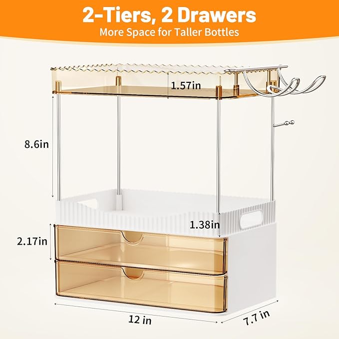Shower Organizer, 2-Tier Bathroom Counter Organizer with 2 Drawers, Large Capacity Storage for Skincare Makeup Cosmetic Perfume Hairdryer, Bathroom Decor, Shower Accessories (Amber)