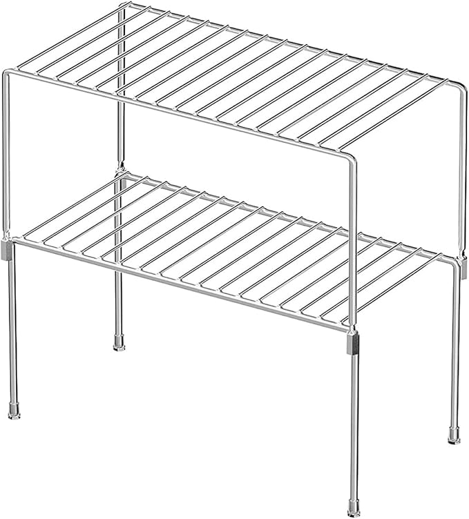 Redrubbit 2 Pack Stackable Cabinet Storage Shelf Rack, Rustproof Chrome Kitchen Counter and Cabinet Shelf, Small Storage Rack Organizer for Kitchen, Fridge, Bathroom