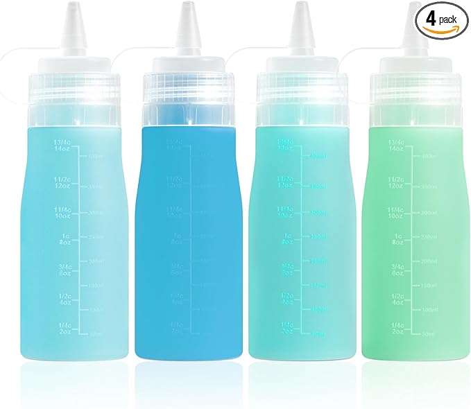 Condiment Squeeze Bottles, 16 oz Silicone Squeeze Bottles For Sauces, Leak Proof Condiment Containers with Extra Interchangeable lid, Easy Squeeze for Oil, Honey & Dressings, BPA FREE (4 Pack)