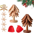 Christmas Tree Trivets Set of 4 for Hot Dishes, Natural Tree Trivet Set - 4 Wooden Trivets & 1 Stand Like a Christmas Trees, Kitchen Counter Decor Tools, Artisanal Wooden Coasters(Walnut+Burlywood)