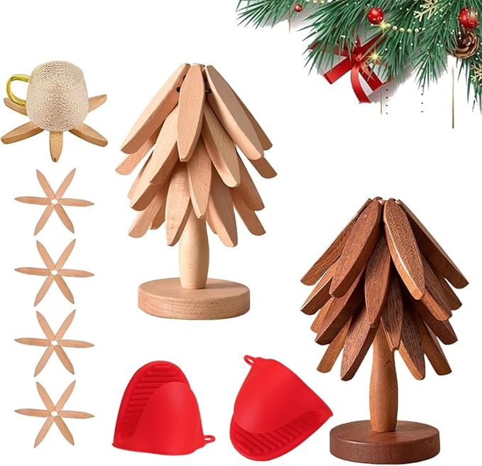 Christmas Tree Trivets Set of 4 for Hot Dishes, Natural Tree Trivet Set - 4 Wooden Trivets & 1 Stand Like a Christmas Trees, Kitchen Counter Decor Tools, Artisanal Wooden Coasters(Walnut+Burlywood)