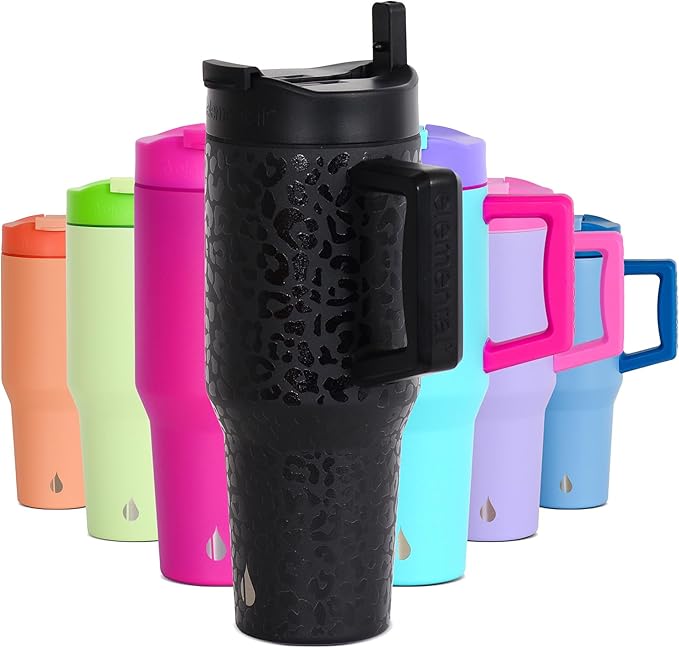 Elemental 32 oz 100% Leak Proof Tumbler with Handle & Straw - Stainless Steel Double Wall Insulated Tumbler for Hot and Cold Beverages - Travel Coffee Mug with Sip & Straw Lid - Black Leopard