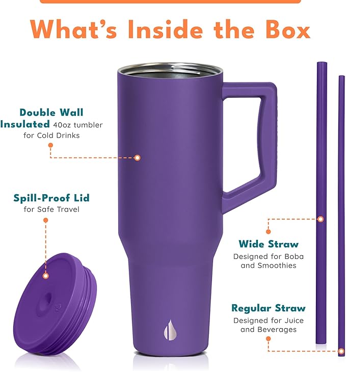 Elemental 40 oz Tumbler with Handle and Straw - Spill Proof Insulated Stainless Steel Commuter for Hot and Cold Beverages - Travel Coffee Mug with 2 Straws & Spill Proof Lid - 40oz - Purple