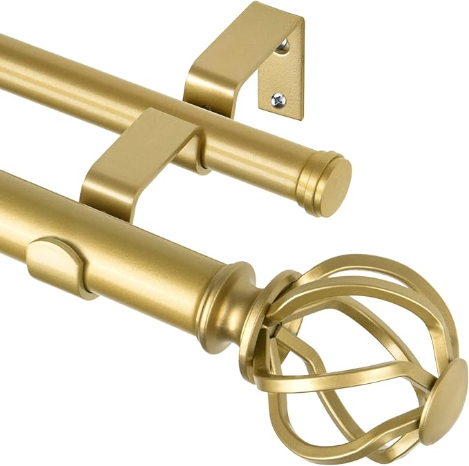 KAMANINA 1 Inch Double Curtain Rod 72 to 144 Inches (6-12 Feet), Gold Curtain Rods for Windows 66 to 120, Heavy Duty Telescoping Drapery Rod with Twisted Cage Finials