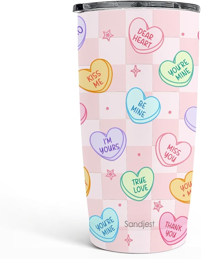 SANDJEST Heart Message Tumbler 20oz, Stainless Steel Travel Cup with Lid, Insulated Coffee Mug, Heart Gifts for Women Girls Friends Sisters on Birthday Christmas Valentine