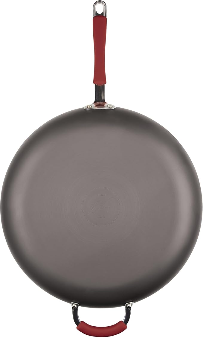 Rachael Ray 87631-T Cucina Hard Anodized Nonstick Skillet with Helper Handle, 14 Inch Frying Pan, Gray/Red