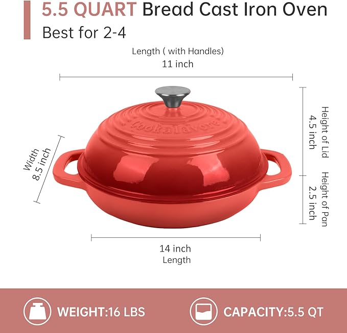 Premium Enameled Cast Iron Dutch Oven for Bread Baking | Non-Stick 5QT Oval Bread Oven with Lid | Perfect for Sourdough, Loaf, and Artisan Baking (Round Red, 5 QT)