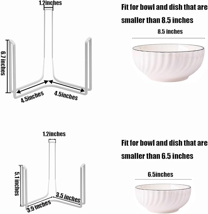 Dinnerware Bowl Plate Holder Fit for 6.5 Inches Diameters Bowl, Metal Bowl Storage Dying Display Rack for Kitchen Drawer, Countertop, Cabinet, Shelf, Cupboard (White, Small 2PCS+Large 2PCS)