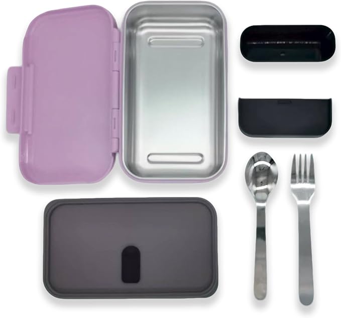 Stainless Steel Small Bento Box for Adults - Leakproof Microwave Safe Lunch Box for Work, Meal Prep and On the Go with Utensils & Bag (Purple), Compact-Sized for Moderate Appetites