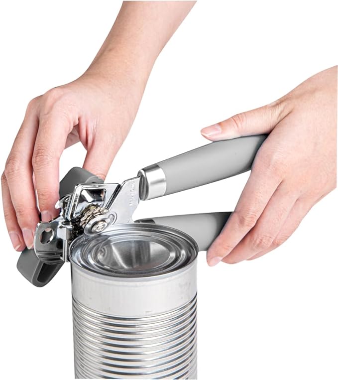 Restaurantware Comfy Grip 7.6 x 1.9 x 2.1 Inch Can Opener 1 Durable Manual Can Opener - Sharp Wheel Blade Grip Handle Gray Stainless Steel Hand-Held Can Opener Built-In Bottle Opener