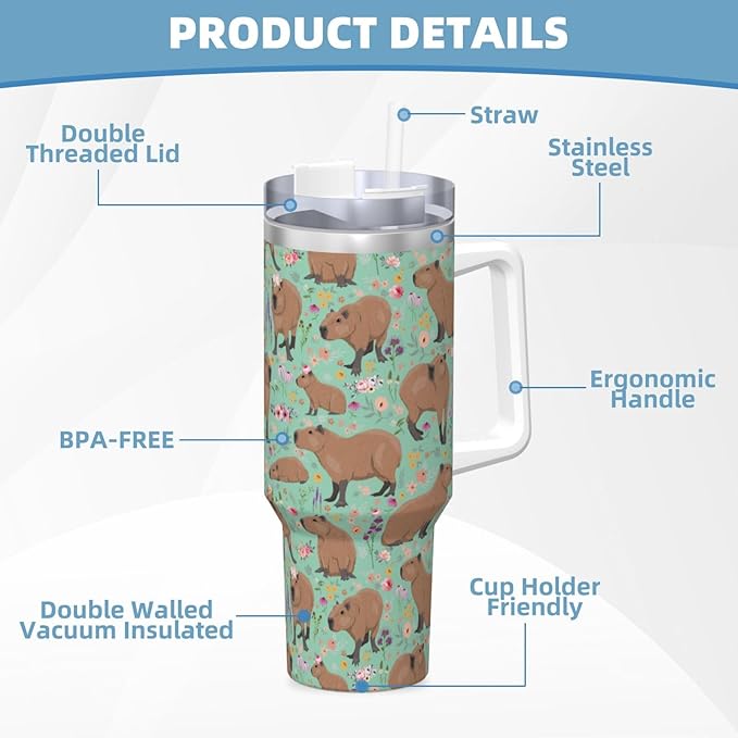 Capybara Gifts Capybara Tumbler Cute Cup Water Bottle for Girls, Teens, Women, Men Stainless Steel Vacuum Insulated 40oz Tumbler with Lid and Straw for Water, Iced Tea or Coffee, Green