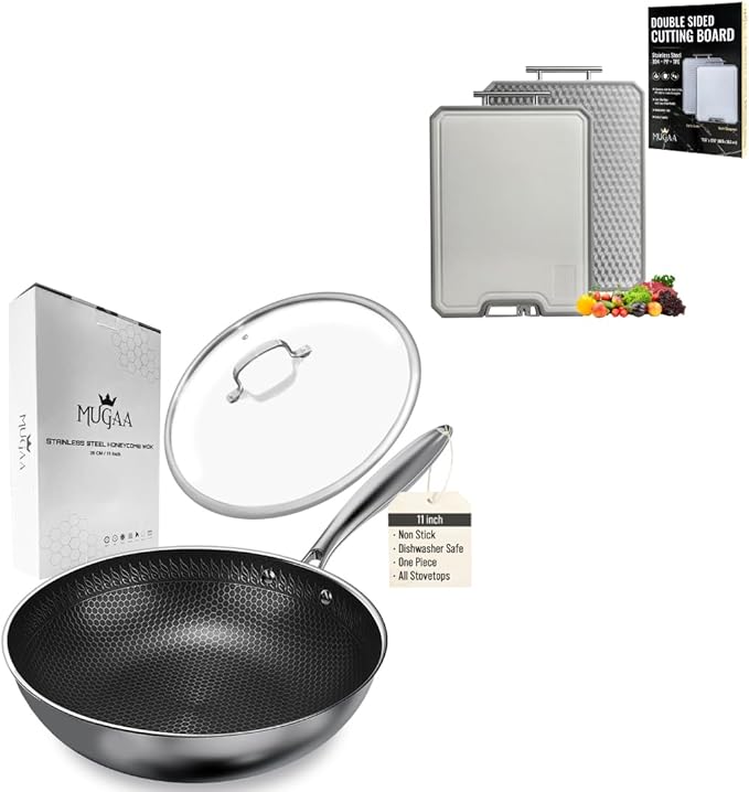 Nonstick Honeycomb Hybrid 11" Stainless Steel Wok with Lid + Medium 304 Steel Cutting Board Double Sided, Premium Kitchen Bundle