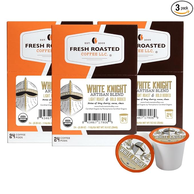 Fresh Roasted Coffee, Organic White Knight | USDA Organic, Kosher | Light Roast 72 Pods for K Cup Brewers