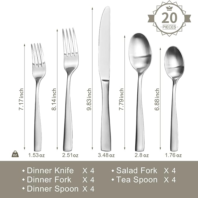 HIKAA Forged Silverware Set Stainless Steel Flatware Set,Service for 2,Matte Satin Polished Cutlery Set,Dishwasher Safe (Mattle Silver, 10PCS)