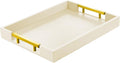 Leather Serving Tray with Gold Polished Metal Handles, Home Decorative Wooden Rectangle Ottoman Decor Platter Bathroom Vanity Tray for All Occasions Cream