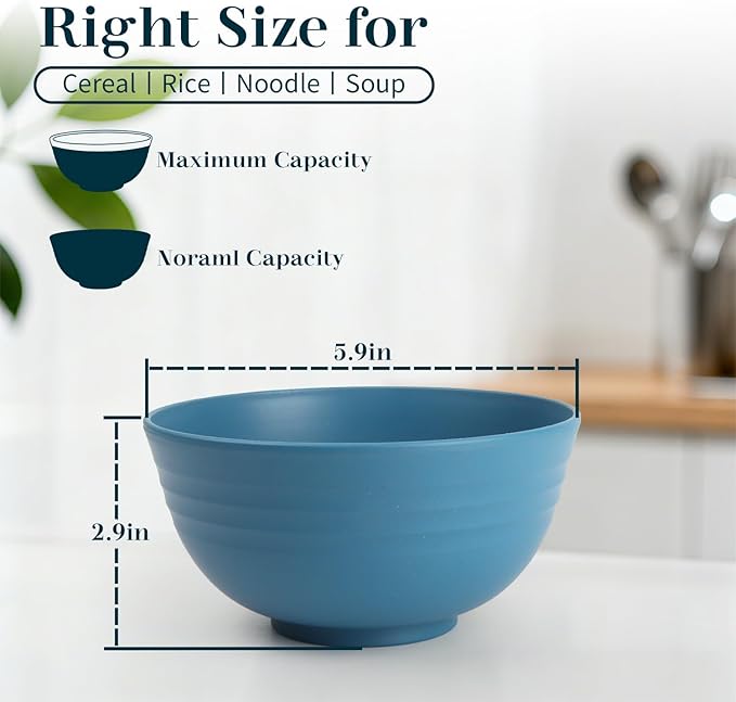 Bowls for Kitchen 8 PCS, Unbreakable Wheat Straw Bowl 26 OZ, Alternative to Plastic Bowls Reusable, Microwave and Dishwasher Safe Serving Bowl for Dinner, Breakfast, Outdoor - Blue