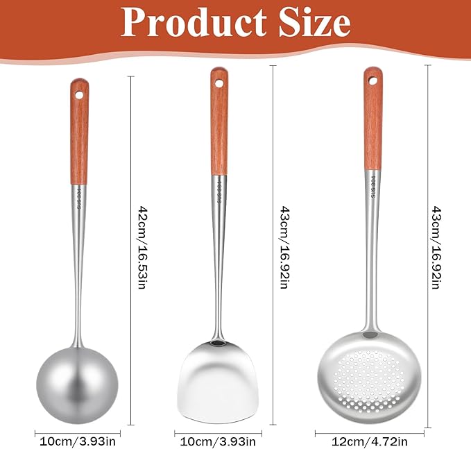 Wok Spatula and Ladle Stainless Steel, 3 PCS 17 Inches 304 Stainless Steel Spatula, Wok Ladle and Skimmer, Dishwasher Safe Cooking Utensils Kitchen Tool Set