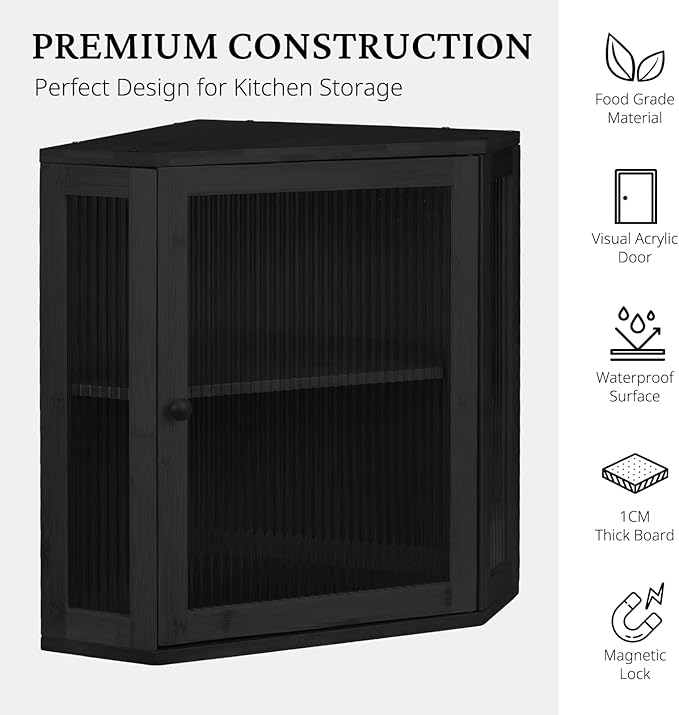 BRONYPRO Double Layer Corner Bread Box for Kitchen Counter with Height-adjustable Partition, Extra Large Black Bamboo Wooden Bread Box for Multiple Loaves, Modern Breadbox for Kitchen Countertop