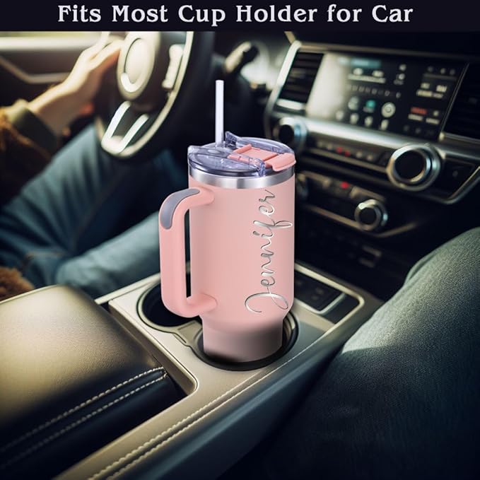 iProductsUS 40oz Personalized Tumbler with Handle & Straw Christmas Gift for Mom or Wife, Custom Engraved Tumbler, pill-Proof & Durable: Leak-resistant lid, BPA-free (Light Pink)