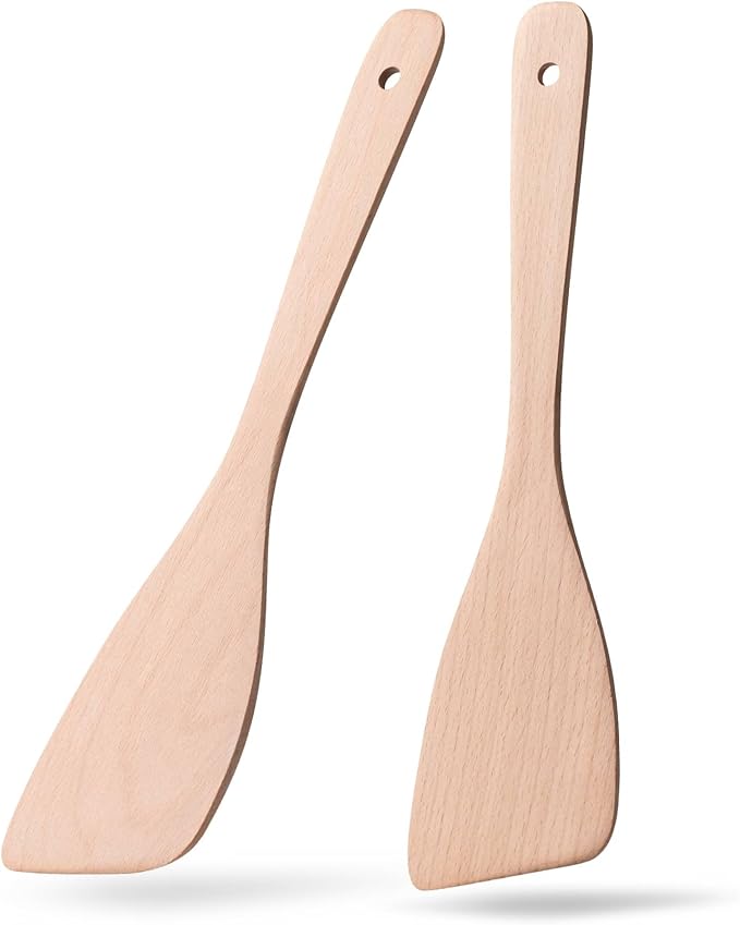 2PCS Wooden Spatulas for Cooking,12.8inch Uncoated Beech Wood Turners for Frying,Non-Scratch Wood Bevel Spurtle for Pan & Wok,Wooden Cooking Utensils for Non Stick Cookware,Long Handle Scraper