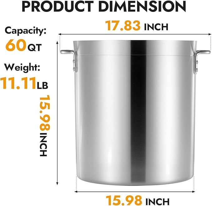 CURTA 60 Quarts Aluminum Stock Pot with Lid, Heavy Duty Commercial Grade Large Capacity Cooking Pot for Boiling, Stewing, Great for Kitchen, Restaurant, Catering, and Home Use,NSF certified