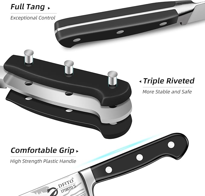 Dfito Chef Knife Set with Roll Bag, 9 Piece Professional Stainless Steel Japanese Kitchen Knife Set with Ergonomic Handle for Professional Chef, Dishwasher Safe, Camping, Travel, BBQ, RV or Gift Black