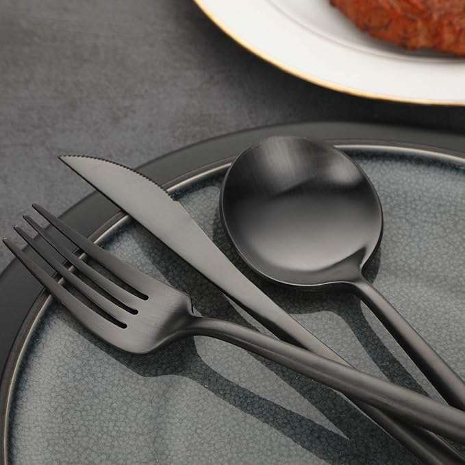 Devico Matte Silverware Set, 20-Piece 18/10 Stainless Steel Flatware Cutlery Utensils Tableware Set Service for 4, Great Gift for Friends/Family, Dishwasher Safe (4 sets, Black-A)