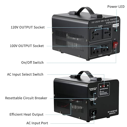 Yinleader 1500W Japanese Voltage Converter - Step Down 120V to 100V or Step Up 100V to 120V, Includes US Power Cord for Medium-Power Appliances