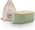 LARS NYSØM Bread Box I Metal Box with linen bag for long lasting freshness I Bread Bin with bamboo lid usable as cutting board I 14.2x7.5x5.1 In (Sage Green)
