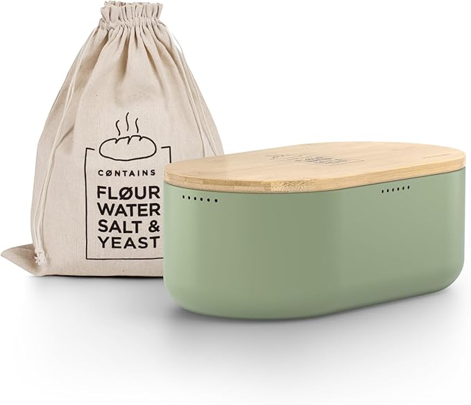 LARS NYSØM Bread Box I Metal Box with linen bag for long lasting freshness I Bread Bin with bamboo lid usable as cutting board I 14.2x7.5x5.1 In (Sage Green)