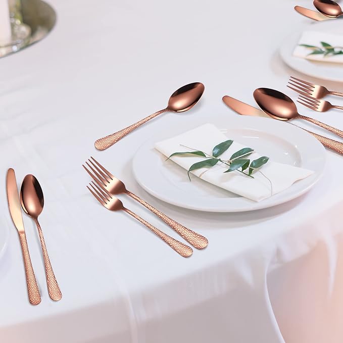 Hammered Silverware Copper/Rose Gold Flatware Set 40 Piece Service for 8 Stainless Steel Knives Forks Spoons Creative Handle Eating Utensils for Festival Parties Kitchen Daily Use