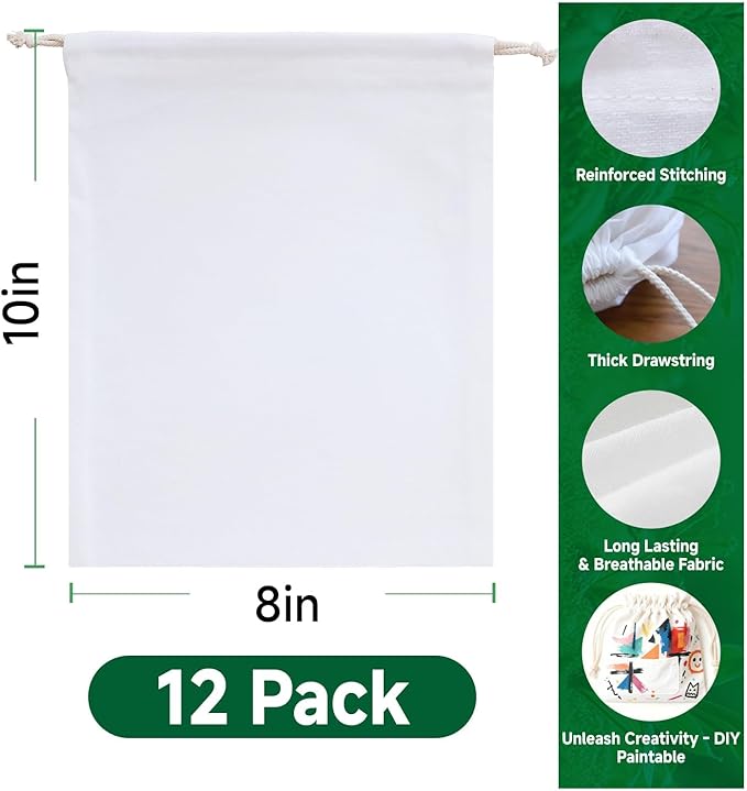 Simple&Opulence 12-Pack 8” x 10” Linen Cotton Drawstring Bags Reusable Grocery Sacks, DIY Craft Sachet Sacks Storage Cloth Bags for Party Wedding Home Bulk Produce Bags, Washable, White