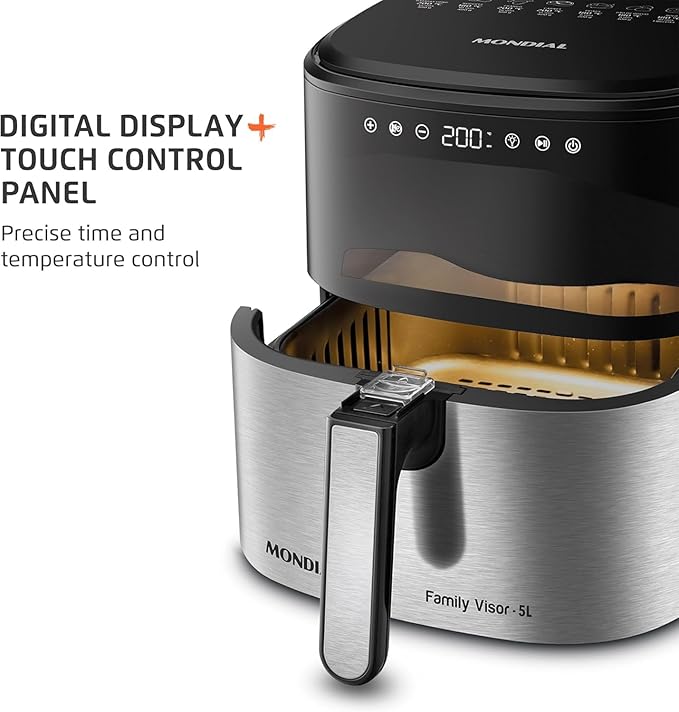 Mondial - Air Fryer Digital Visor Inox 5.3QT Capacity - High Power & Elegant Stainless Steel Finish - Black & Inox