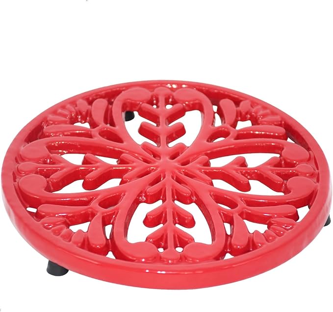 JOGREFUL Cast Iron Trivet Mats, Kitchen Pot Holders to Portect Table/Countertops, Heat Resistant Mats for Teapot/Hot Dishers/Plates, Vintage Mats with Weighted-Base, Mistletoe Pattern, Red