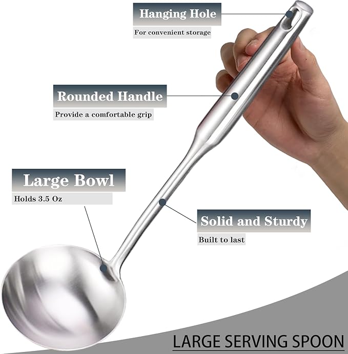 Soup Ladle, Stainless Steel Ladle spoon, 14 Inch Serving Spoon Heavy Duty kitchen Utensils for Cooking Buffet, Party, Kitchen, Silver