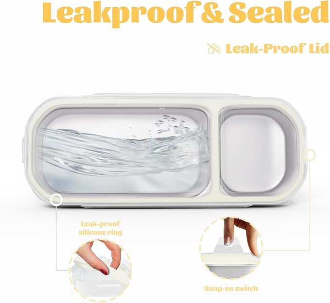 Stainless Steel Snack Containers for Kids Adults, 2 Pack 2 Compartment Metal Snack Containers Box with Lid, Reusable Food Storage Container, Leak Proof, Grab and Go