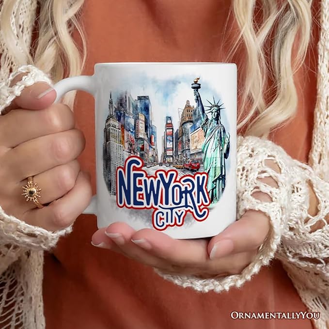 OrnamentallyYou State Travel Landmark Mugs – 12 oz Ceramic Coffee Cups, U.S. Souvenir Gift for Tourists (Handmade Artistic New York City Mug)