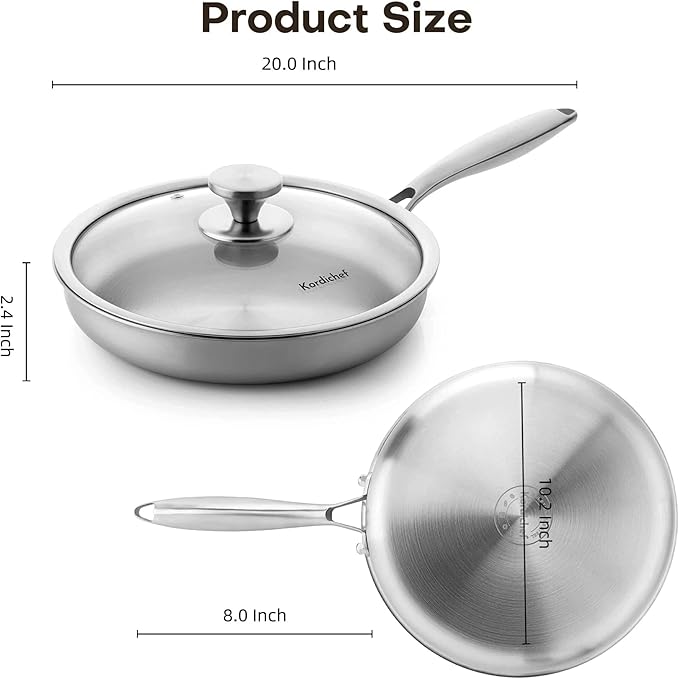 12 Inch Stainless Steel Frying Pan with Lids, Healthy Stainless Steel Skillet, Works on Induction, Ceramic and Gas Cooktops, PFOA Free Cookware, Dishwasher and Oven Safe, Stay-Cool Handle