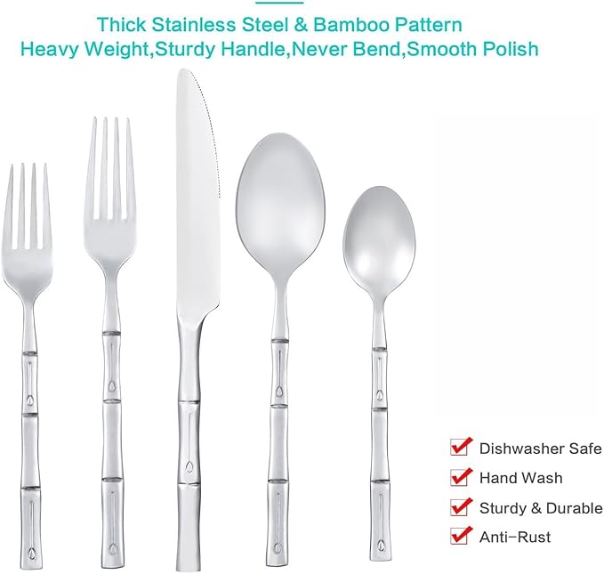 Silverware Set Silver Bamboo Handle Flatware Stainless Steel Heavy Cutlery Set 20 Pieces Mirror Polished Spoons Forks and Knives Service for 4