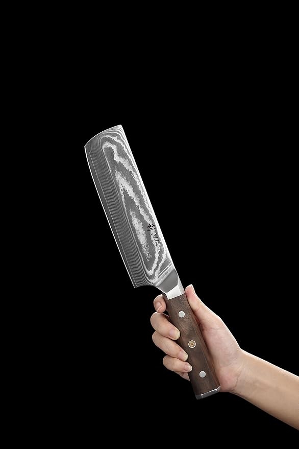 Wakoli HIK Damascus Nakiri Knife – Full Tang Vegetable Knife | 7-Inch Blade Made of 67-Layer Damascus Steel with VG10 Core | Walnut Wood Handle | Sharp, Durable, Gift Box Included
