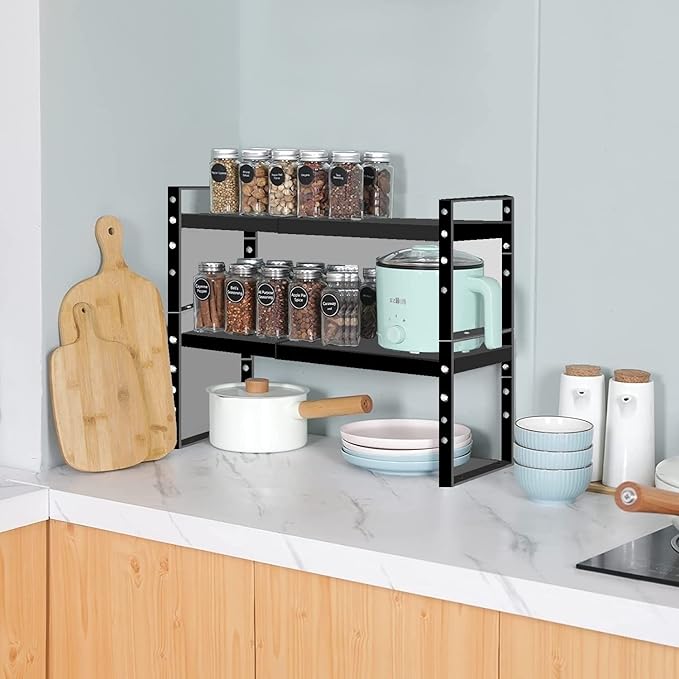 Expandable Stackable Spice Rack Cabinet Shelf Organizer in Cabinets Shelves Kitchen Cupboard Organization Stack up Racks Pantry Countertop Storage Large/Black 3 Packs