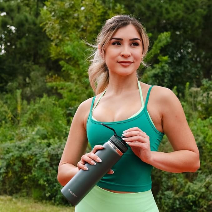 Olive Green 24oz Triple-Wall Stainless Steel Water Bottle – Wide Mouth, Leak Proof Thermos with Bonus Spout Lid – BPA-Free Flask for Gym, Hiking, Travel, Hot & Cold Drinks