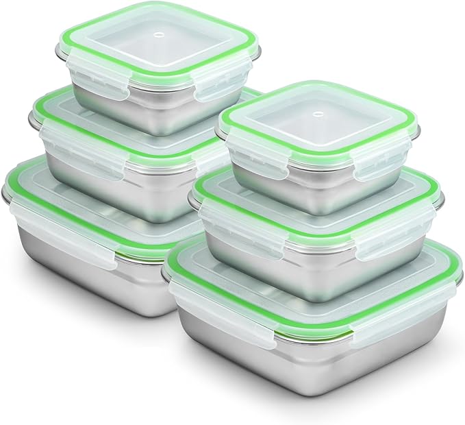 6 Pack Stainless Steel Food Storage Containers with Leak-Proof Lids, 2 Sets (12/24/40 oz) Reusable Metal Meal Prep Lunch Boxes, BPA-Free, Dishwasher Safe for Sandwich, Snacks & Fruit (Green)