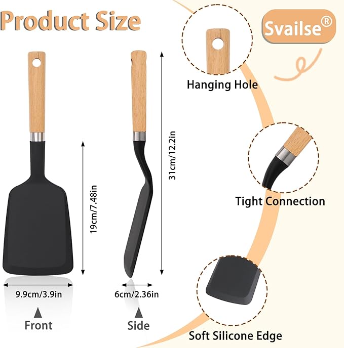 Silicone Spatula Turner, Heat Resistant Pancake Flipper Spatulas for Nonstick Cookware, Cooking Utensils with Wood Handle for Serving, Baking, Frying, Egg, Fish and Burger (2, Black and Red)