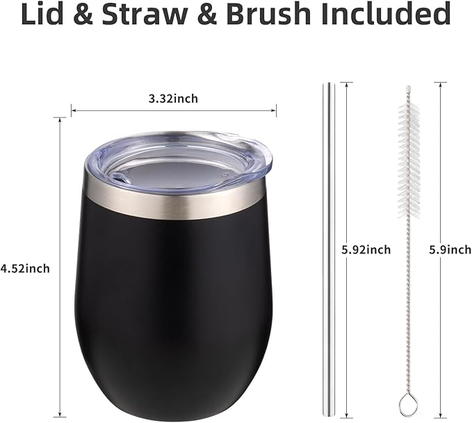 12 oz Insulated Wine Tumbler with Lid and Straw,Stainless Steel Stemless Wine Tumbler Glasses Double Wall Vacuum Wine Cups Tumbler Bulk for Coffee,Champaign,Cocktail,Office(Black,4)
