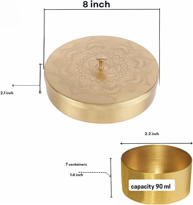Brass Round Spice Box Masala Dabba-Spice Box Set With Spoon Container 90 ML Indian Masaladanni for Kitchen Counter 8 Inch With Spoon (Floral, 8 Inch (Medium Family)